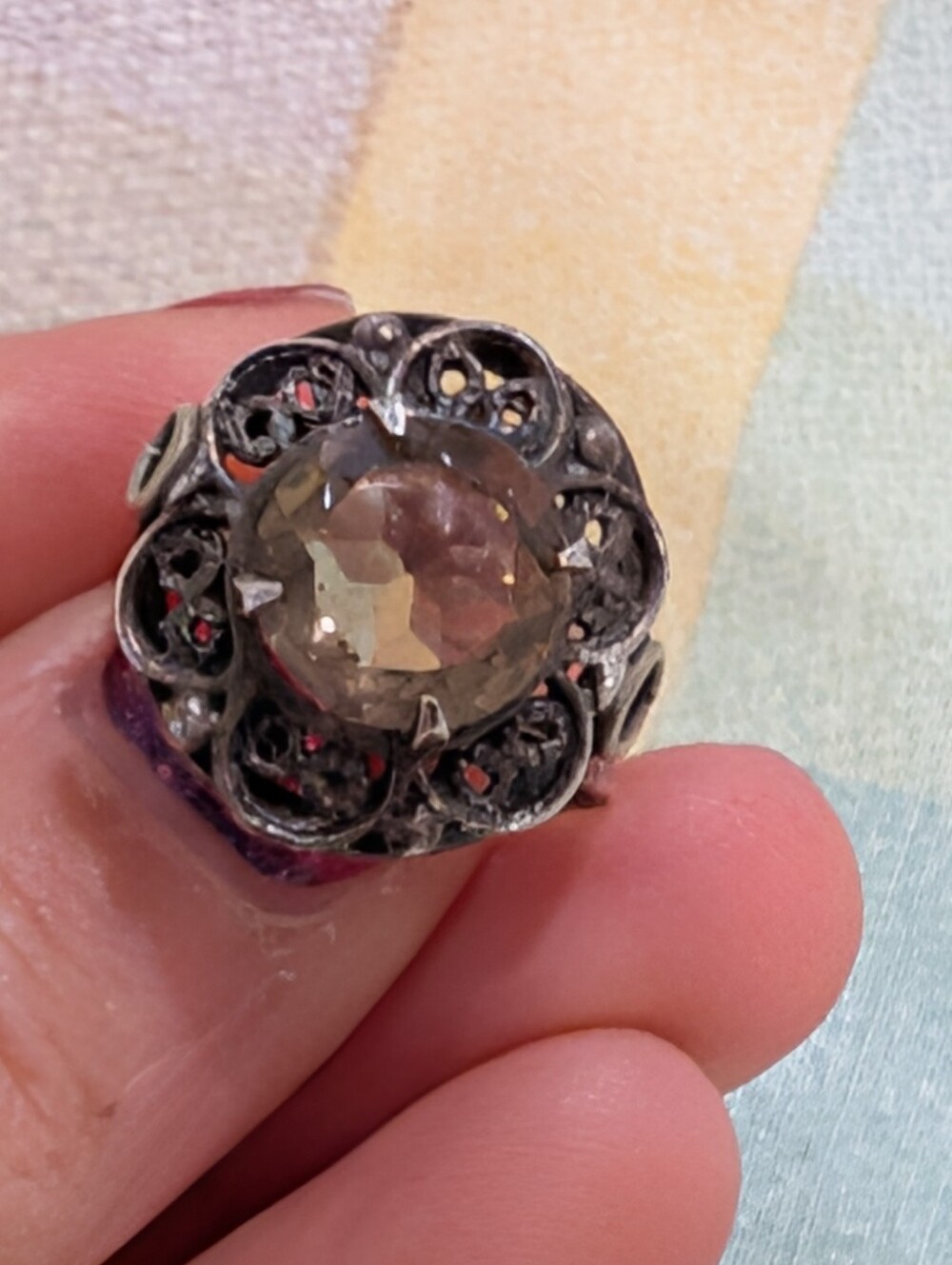 Vintage Style Silver Ring with Champagne Stone - Adjustable